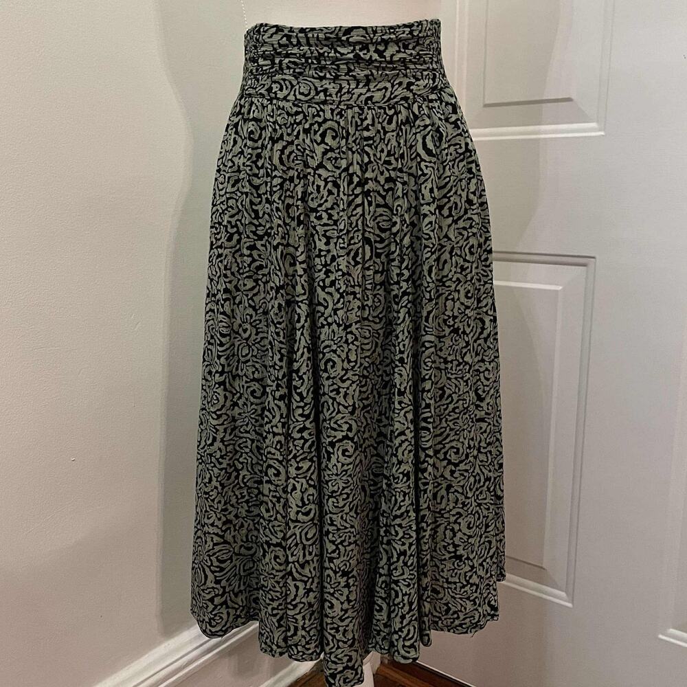 VTG 80's Carole Little Petites Green And Black Patterned Midi Skirt Size 2